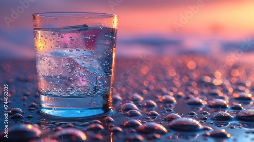  a glass of water sitting on top of a table covered in drops of water and a pink and blue sky in the background with a few clouds in the distance.