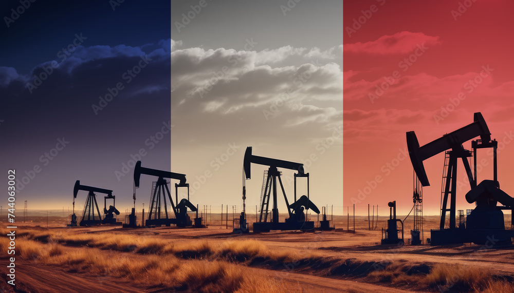 Oil production in the France. Oil platform on the background of the France flag. France flag and oil rig. France fuel market.
