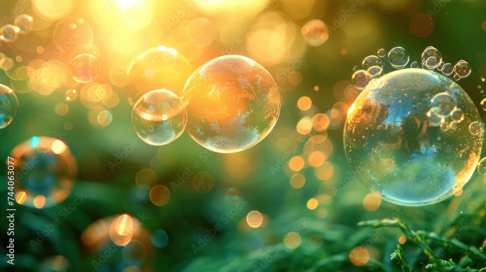  a group of bubbles floating on top of a green grass covered in lots of small drops of water on top of a lush green leafy green leafy field.