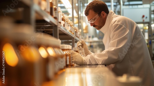 A laboratory technician in protective gear meticulously inspects a production line of medical vials, ensuring quality control in a pharmaceutical facility. AIG41