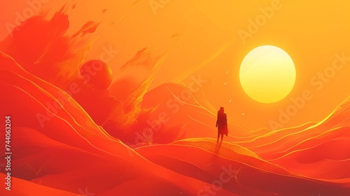 Illustration of a woman standing in the middle of a red desert with a big sun
