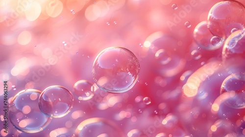 a bunch of bubbles floating in the air on a pink and blue background with a blurry light in the center of the bubbles is a blurry blurry background.