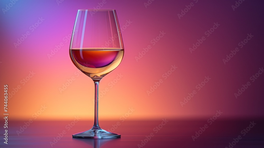 a glass of wine sitting on top of a table next to a purple and pink background with a reflection of a wine glass in the bottom of the wine glass. a glass of wine sitting on top of a table next to a purple and pink background with a reflection of a wine glass in the bottom of the wine glass.