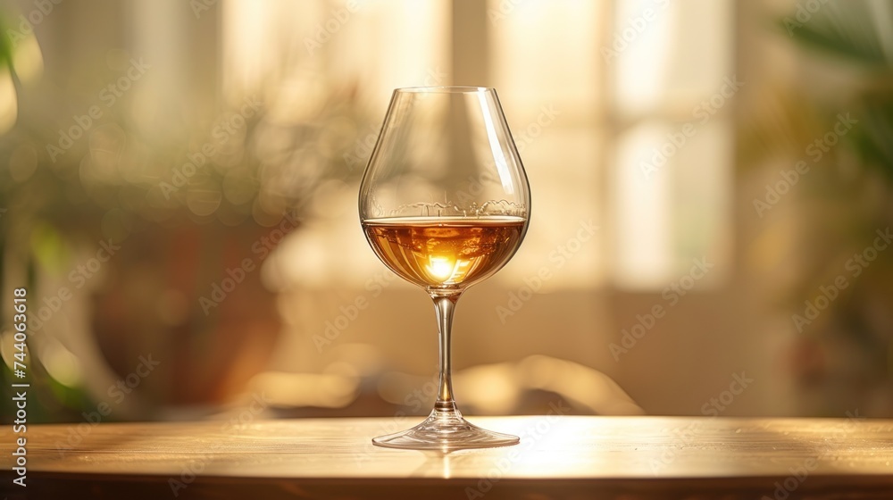 a glass of wine sitting on top of a wooden table next to a potted plant on top of a hard wood table with sunlight streaming in the window behind it. a glass of wine sitting on top of a wooden table next to a potted plant on top of a hard wood table with sunlight streaming in the window behind it.
