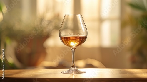  a glass of wine sitting on top of a wooden table next to a potted plant on top of a hard wood table with sunlight streaming in the window behind it.