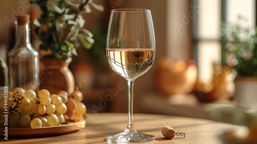  a glass of wine sitting on top of a table next to a plate of grapes and a bottle of wine on top of a table next to a plate of grapes.