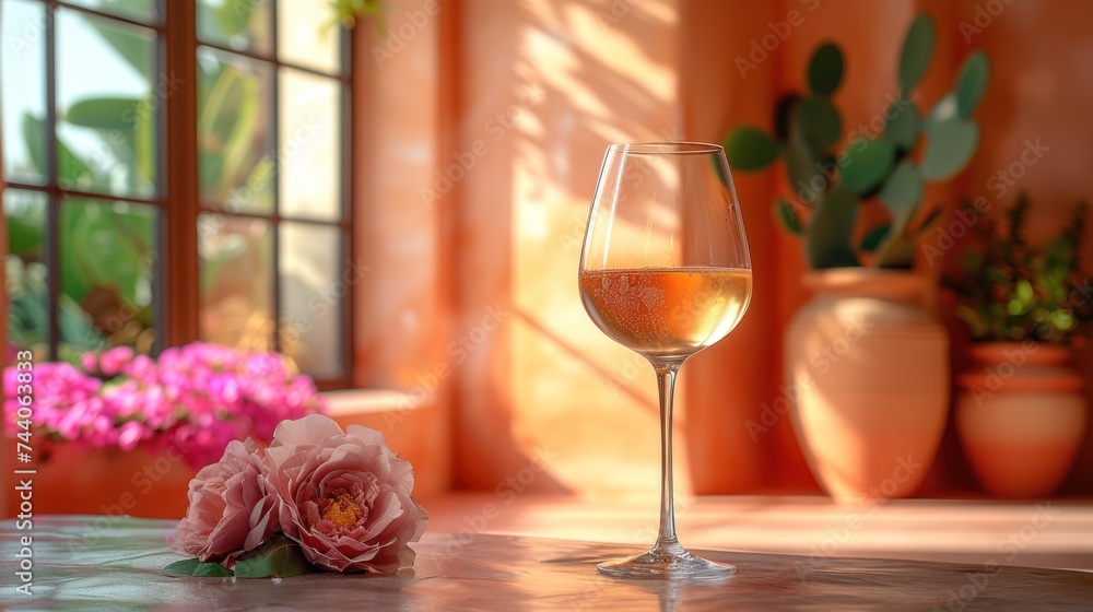 a glass of wine sitting on top of a table next to a potted plant and a potted plant on the side of a window sill with pink flowers. a glass of wine sitting on top of a table next to a potted plant and a potted plant on the side of a window sill with pink flowers.