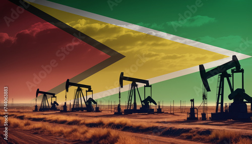Oil production in the Guyana. Oil platform on the background of the Guyana flag. Guyana flag and oil rig. Guyana fuel market.