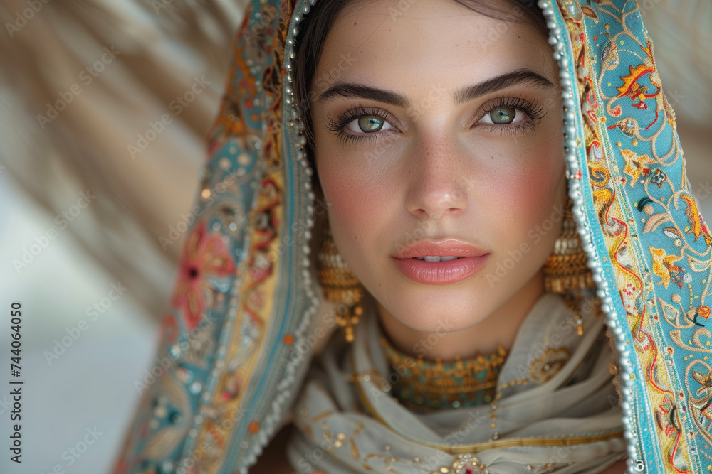Elegant Nowruz celebration: A Persian woman in traditional attire joyfully marks the Persian New Year Elegant Nowruz celebration: A Persian woman in traditional attire joyfully marks the Persian New Year