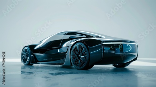 A 3D rendering of a futuristic car. 