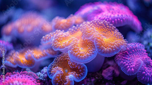 Sea anemones and corals in marine aquarium. Colorful abstract natural pattern, texture, underwater background. Concept art, graphic resources, macro photography