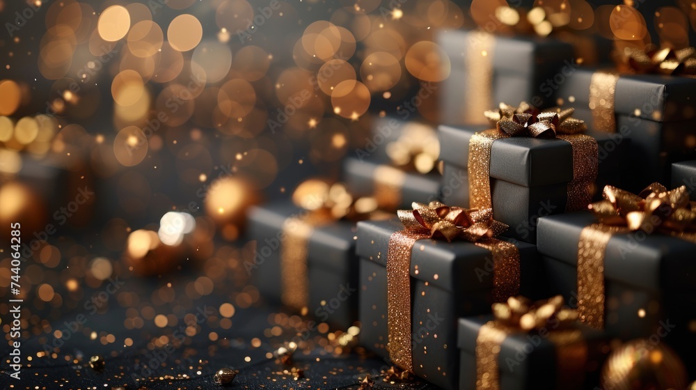 a close up of a bunch of presents with gold and black ribbons and bows on a black surface with gold and white lights in the background and a blurry boke. a close up of a bunch of presents with gold and black ribbons and bows on a black surface with gold and white lights in the background and a blurry boke.