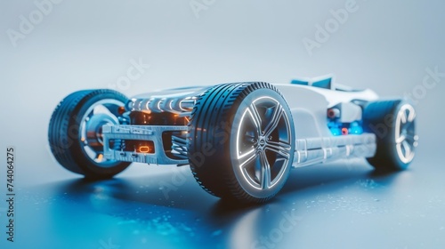 A 3D rendering of a futuristic car chassis.
