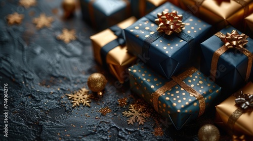  a group of wrapped presents sitting next to each other on top of a black table covered in gold and silver snowflakes and snowflakes and snowflakes.