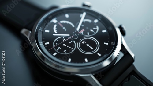 A wristwatch face with a black leather strap. 