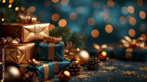  a pile of presents sitting on top of a table next to a christmas tree with gold and blue decorations on top of it and a christmas tree with lights in the background. © Nadia
