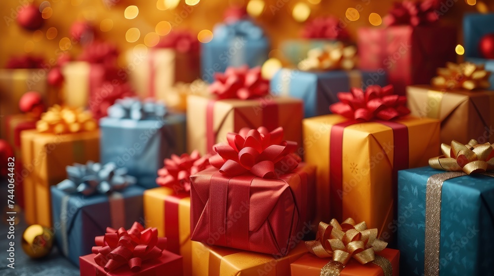 a group of colorful wrapped presents sitting on top of a table next to a pile of other wrapped presents on top of a table next to each other gift boxes. a group of colorful wrapped presents sitting on top of a table next to a pile of other wrapped presents on top of a table next to each other gift boxes.
