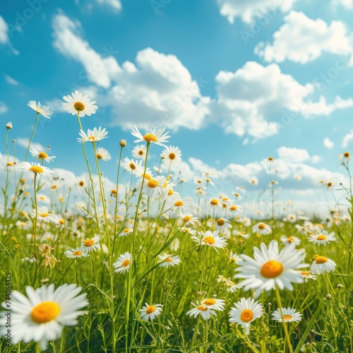 Dandelion  daisy field  blue sky and sun.