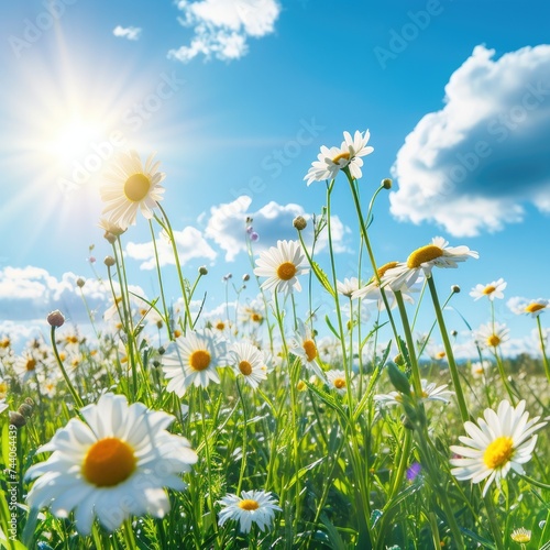 Dandelion, daisy field, blue sky and sun.