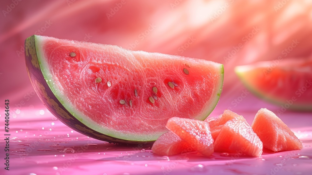 a slice of watermelon next to pieces of watermelon on a pink surface with drops of water on the surface and a light shining in the background. a slice of watermelon next to pieces of watermelon on a pink surface with drops of water on the surface and a light shining in the background.