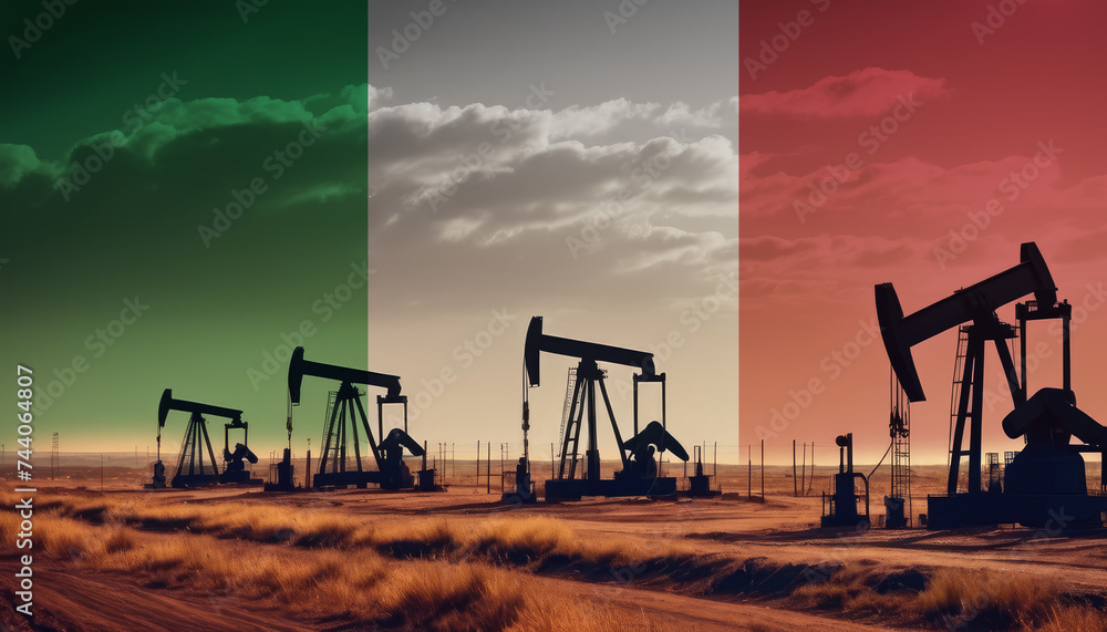 Oil production in the Italy. Oil platform on the background of the Italy flag. Italy flag and oil rig. Italy fuel market.