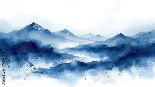  a watercolor painting of a mountain range in blue and white with black dots on the top of the mountain and the bottom of the mountain is covered in snow.