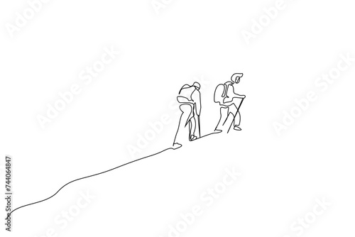 two people nature backpack hill mountain hiking climb walking lifestyle one line art design