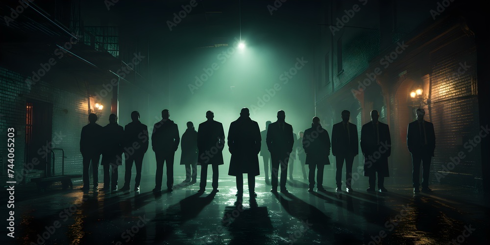 Shadowy figures of suspicious individuals gathered in an urban setting at night. Concept Suspicious Activity, Urban Setting, Shadowy Figures, Nighttime Gathering, Mystery