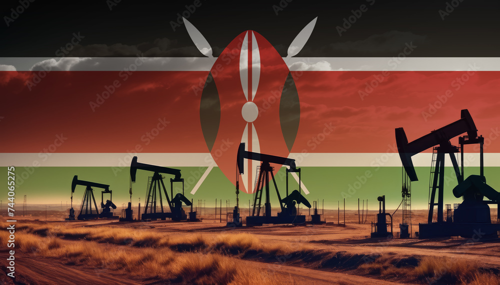 Fototapeta premium Oil production in the Kenya. Oil platform on the background of the Kenya flag. Kenya flag and oil rig. Kenya fuel market.
