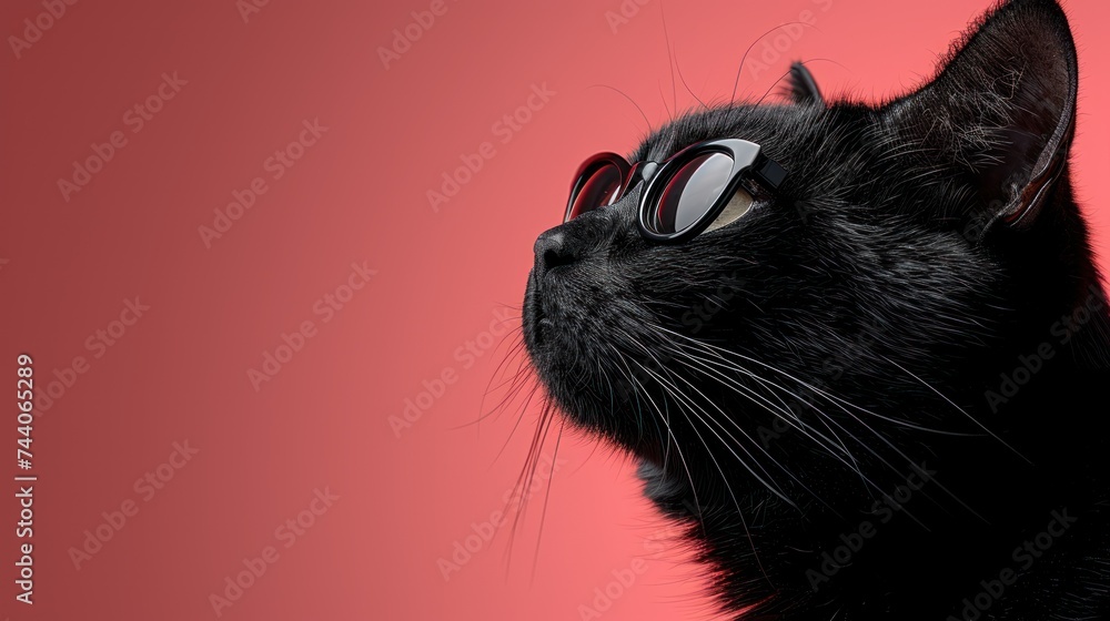  a black cat with a pair of glasses on it's eyes looking up into the sky with a red background behind it and a black cat with a pair of glasses on it's head.