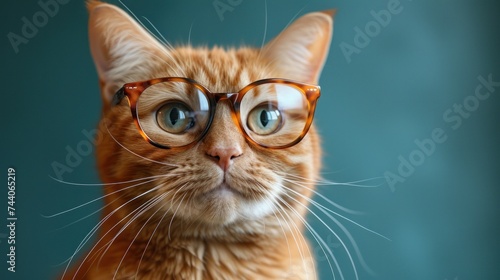  a close up of a cat with a pair of glasses on it's face, looking at the camera with a surprised look on its face, with a blue background.