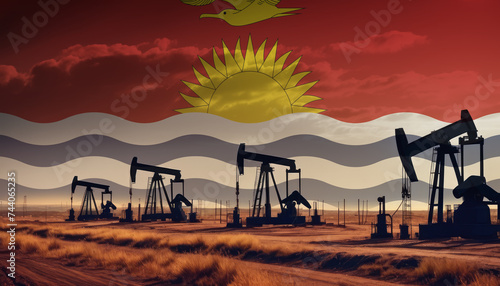 Oil production in the Kiribati. Oil platform on the background of the Kiribati flag. Kiribati flag and oil rig. Kiribati fuel market.