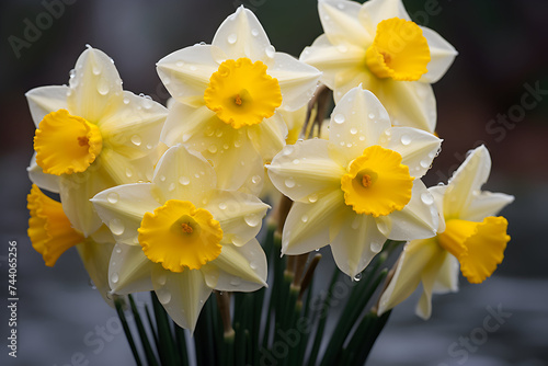 Closeup of white and yellow daffodils with water drops on petals © lena