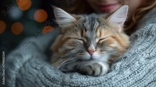  a close up of a person holding a cat with its eyes closed and a christmas tree in the background with lights in the foreground and a woman's hands holding the cat's head.