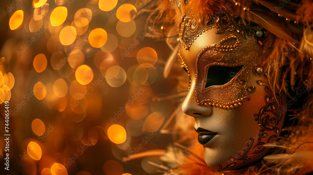 Exquisite carnival mask with feathers and beads with copy space, ambient lights creating a bokeh effect, capturing the essence of masquerade allure and festive spirit. Festive Mardi Gras Exquisite carnival mask with feathers and beads with copy space, ambient lights creating a bokeh effect, capturing the essence of masquerade allure and festive spirit. Festive Mardi Gras