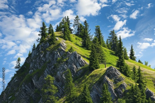 Árboles sobre la colina de una montaña verde rocosa 