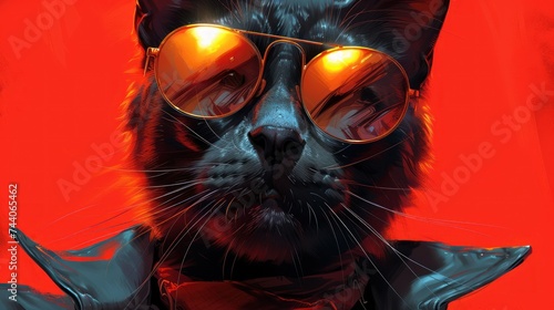  a close up of a cat wearing glasses and a bow tie with a red background with a black cat wearing sunglasses and a red bow tie with a red background.