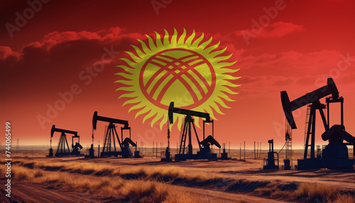 Oil production in the Kyrgyzstan. Oil platform on the background of the Kyrgyzstan flag. Kyrgyzstan flag and oil rig. Kyrgyzstan fuel market.