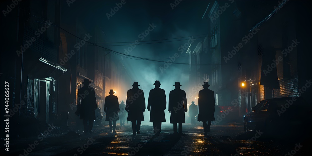 Gathering of Suspicious Figures in Urban Setting at Night. Concept Urban Setting, Night Photography, Suspicious Figures, Mystery, Thriller - obrazy, fototapety, plakaty 