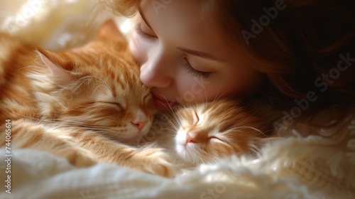 a woman laying on top of a bed next to an orange and white cat sleeping on top of a woman's head with her face close to the cat's face.
