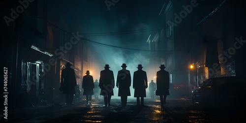 Gathering of Suspicious Figures in Urban Setting at Night. Concept Urban Setting, Night Photography, Suspicious Figures, Mystery, Thriller photo