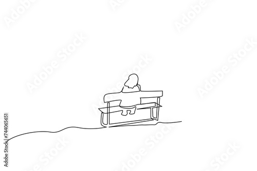 mature lonely woman sitting on park bench calmly watch outside one line art design