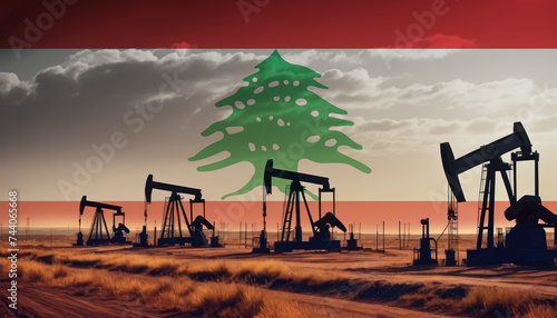 Oil production in the Lebanon. Oil platform on the background of the Lebanon flag. Lebanon flag and oil rig. Lebanon fuel market.