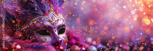 Luxurious purple Mardi Gras mask with ornate golden details and vibrant feathers against a sparkling bokeh background, festive carnival celebration and masquerade theme