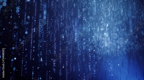 Abstract binary code streaming across a computer screen, symbolizing data and the digital age, deep blue tones, sophisticated and modern background