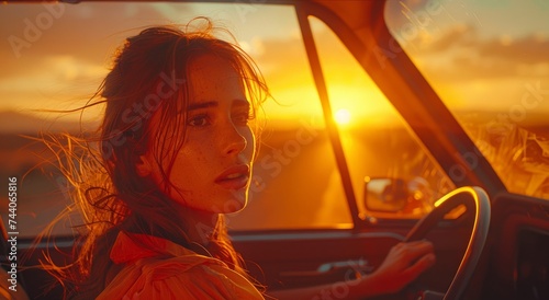 A girl watches the sunset through her car mirror, her face reflecting the vibrant colors of the sky as she drives through the open landscape