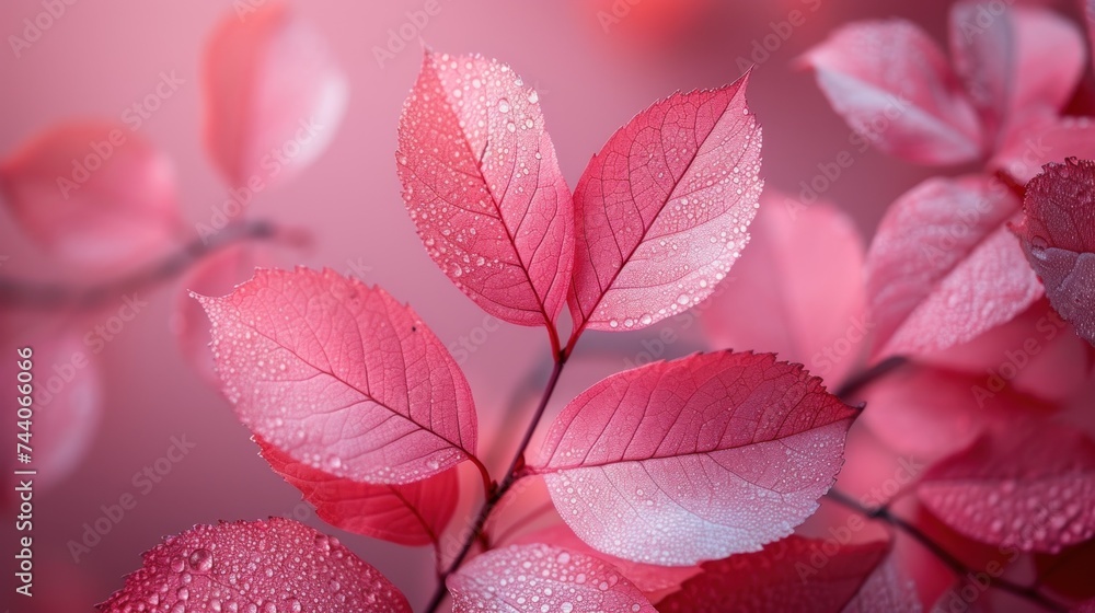a close up of a red leaf with water droplets on it's leaves and branches are in the foreground and a pink background is in the foreground. a close up of a red leaf with water droplets on it's leaves and branches are in the foreground and a pink background is in the foreground.