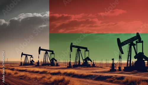 Oil production in the Madagascar. Oil platform on the background of the Madagascar flag. Madagascar flag and oil rig. Madagascar fuel market.