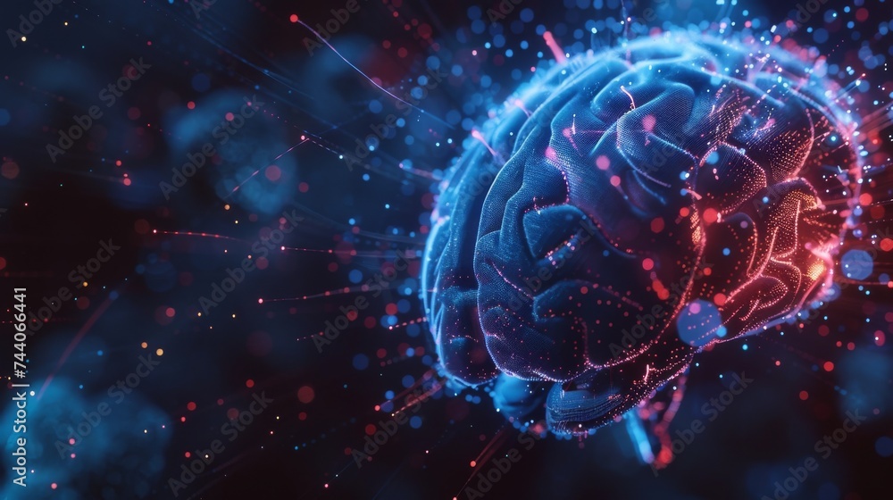 A hologram light simulation of human brain. A hologram light simulation of human brain.