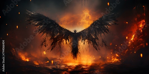Artistic image depicting fallen angel in fiery inferno with dark wings. Concept Dark Fantasy, Fallen Angel, Fiery Inferno, Artistic Image, Dark Wings